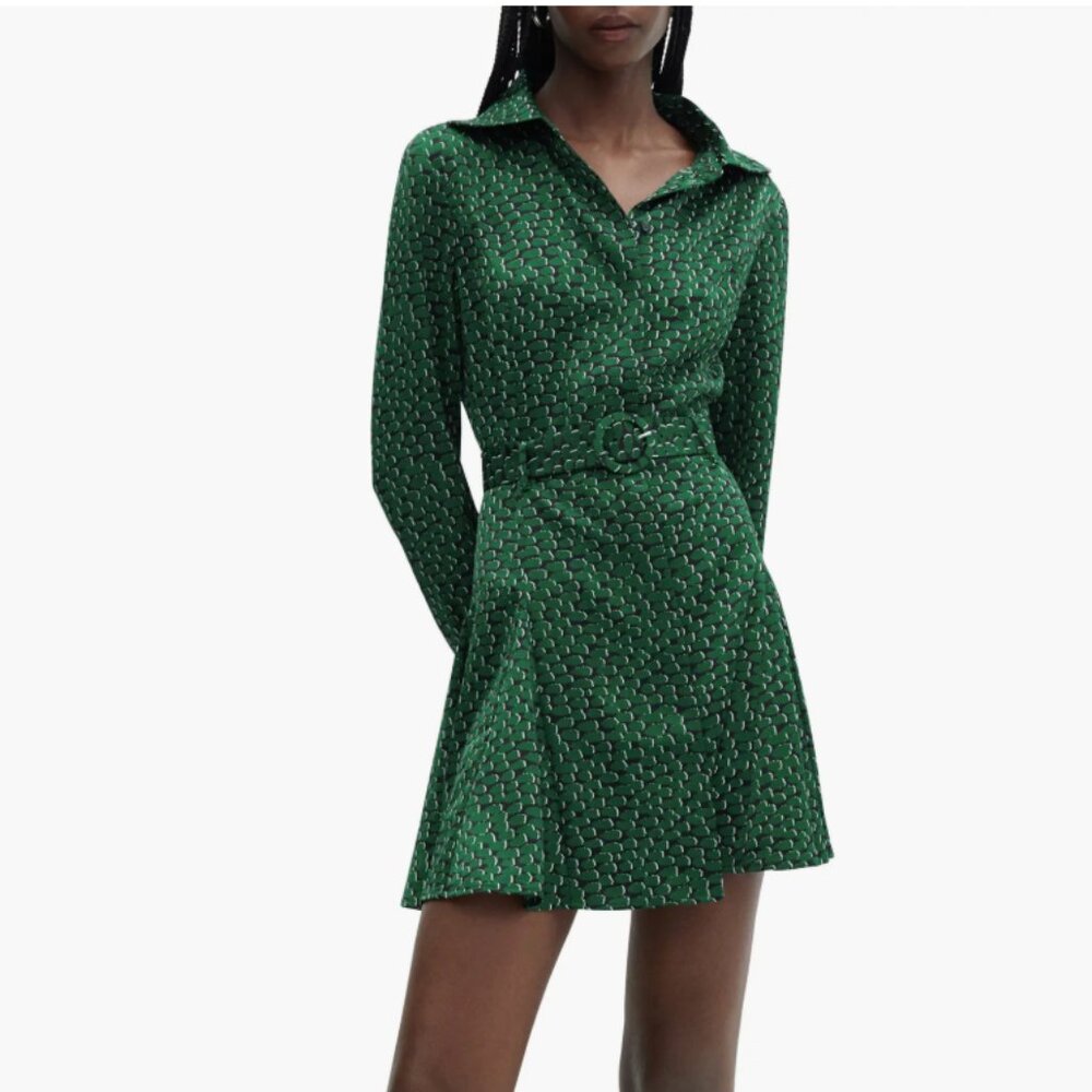 Mango Geo Print Long Sleeve Belted Shirtdress